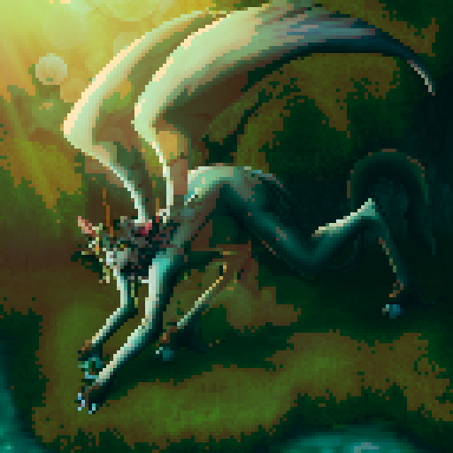 mystic druid wild woman unicorn faun hybrid bathed in moonlight, with a playful demeanor, cloven hooves, showcasing its full body in pixel art style with vibrant sRGB colors