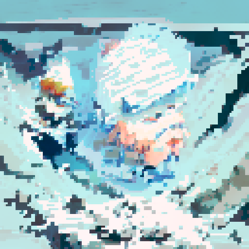 Snowy mountain range research complex with sleek, angular architecture blending into the snowy landscape, surrounded by icy cliffs and a frozen river cutting through the valley, all in a landscape portrait style.