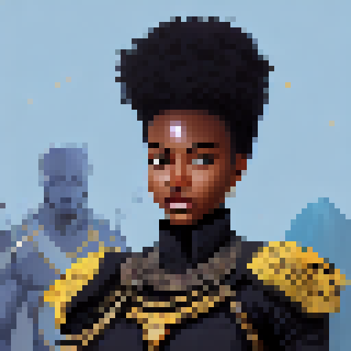 Generate an african Female king warrior with a black panther by her side
