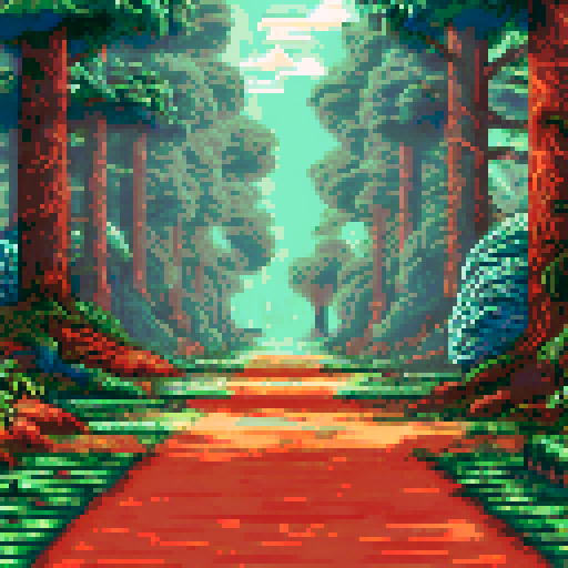 Ghibli-inspired forest in the NES pixel art style