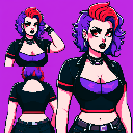 Plus size curvy, cute, busty greaser goth girl, with purple hair, black eyeshadow, red lipstick. Large breasts, large chest, voluptuous wearing halter top and studded collar. Posing for sexy photo. whole head portrait, avatar photo. vibrant sRGB colors, pixel art, edgy aesthetic