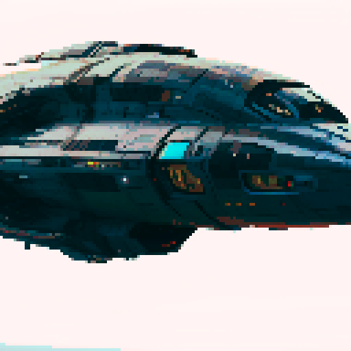 sleek, metallic spaceship, gliding gracefully through the starry sky, pixelated and vibrant with colors in sRGB