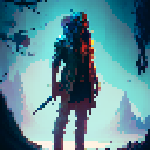 communist zombie game character with red eyes, decaying flesh, tattered red banner, wielding a rusty sickle, surrounded by mystical blue flames, in a dark forest, with glowing mushrooms and towering trees, reminiscent of a fantasy RPG