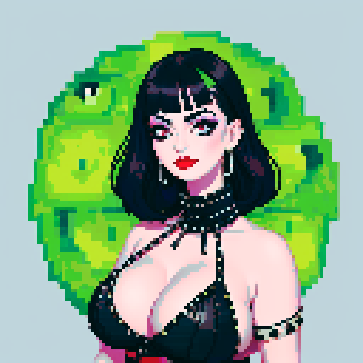 curvy, cute busty goth girl face, whole head portrait, black hair, purple eyeshadow, red lipstick, low cut black studded leather halter top, studded collar, vibrant sRGB colors.