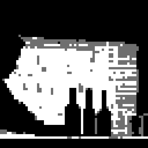 As you approach the bar counter, its wooden surface rough and pixelated. Resting on the worn wood is an old, tattered book. black and white, 16 bit, first person