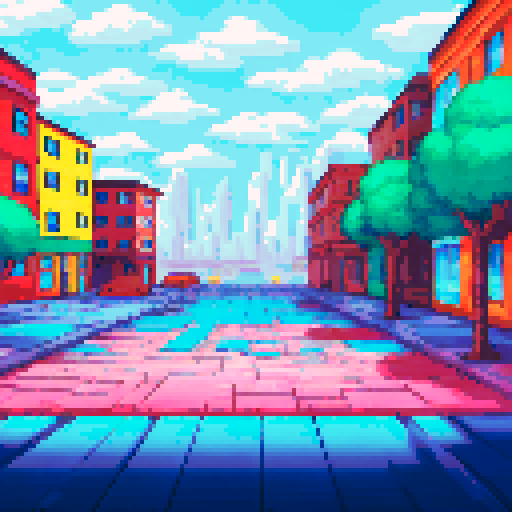 Empty parking lot with cracked asphalt, surrounded by brightly colored houses and tall buildings, with a sprawling map of the city in the background, all rendered in vibrant pixel art, large area