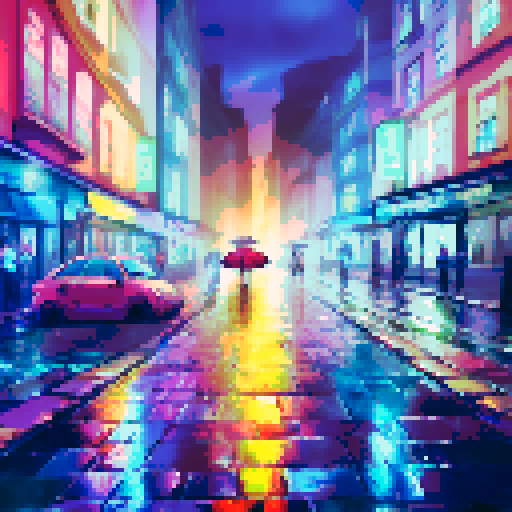 colorful umbrellas, wet cobblestone streets, towering skyscrapers, shimmering reflections in puddles, misty neon lights, people huddled under awnings, rain-soaked flowers, silhouettes of city dwellers with umbrellas, cascading water droplets on windows, a foggy skyline