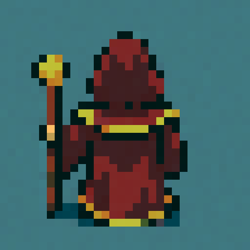 Up-facing sprite (back view) of a mage in dark red robes with golden trims, solid color background