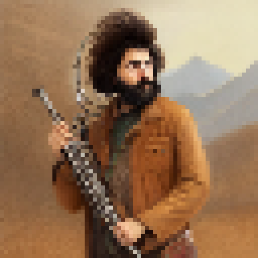 A dude with brown scruffy hair and a scruffy beard using a hunting horn