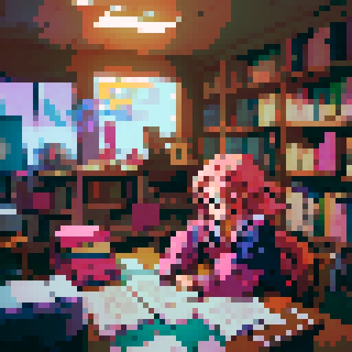 Anime girl with vibrant pink hair, wearing a school uniform, sitting at a cluttered desk in a dimly lit secret lair, surrounded by stacks of books and papers, diligently typing on a retro computer, with pixelated graphics reflecting off her glasses