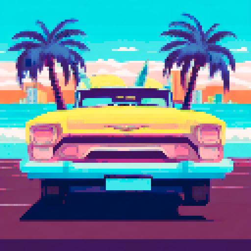 Colorful vintage convertible with surfboards strapped to the roof, parked in front of a retro motel with neon palm tree sign, surrounded by kitschy beach umbrellas and retro bikini-clad sunbathers lounging on striped beach chairs