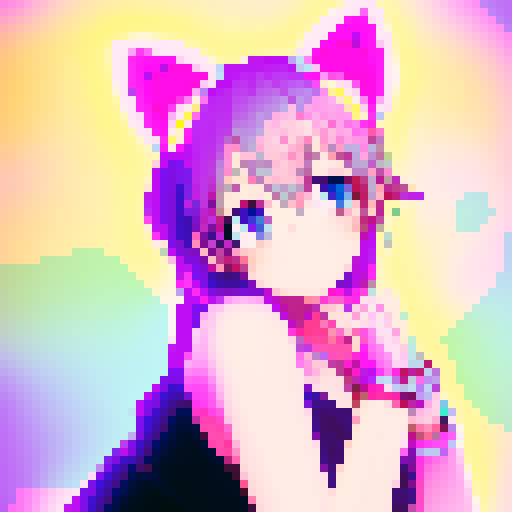 "Pixelated anime girl with fluffy cat ears, surrounded by neon lights and vibrant colors, striking a playful pose with a mischievous glint in her eyes."