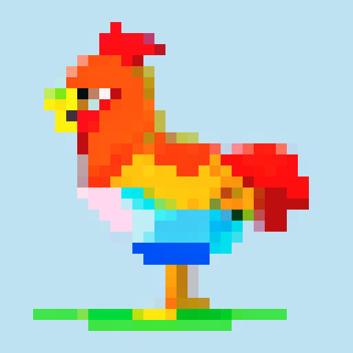 side view of vibrant, feathered pixel art chicken with a proud stance, vivid colors, intricate detailing, retro video game aesthetics
