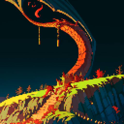 fire dragon with shimmering red scales, hoard of gold coins glimmering in the background, dragon leisurely lounging on top of a massive pile of gold coins, dragon's majestic form taking up the full canvas with intricate pixel art details in a vibrant sRGB color palette