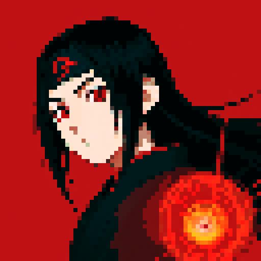 Itachi's mesmerizing, crimson Uchiha eyes radiating an intense red glow, surrounded by a mysterious black aura, evoke the enchanting visuals of a fantastical RPG character