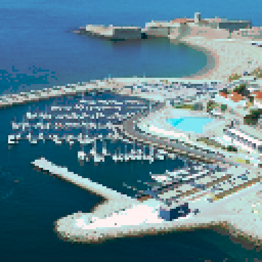 oeiras city, vibrant colors, bustling marine dock, pixelated buildings, animated waves, sun-kissed sky, sRGB palette