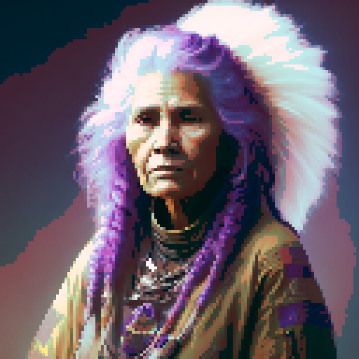 elderly native American woman with purple hair in short braids, and a soft smile