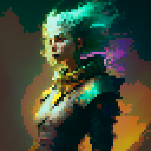 "Create a boldly colored, fierce fantasy warrior striding forward in four frames, with exaggerated muscles and flowing hair, drawn in a vibrant, cartoonish art style."