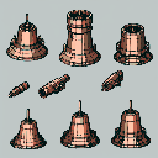 I want a copper structure reminiscent of the base of a gun turret, seen from a head on two dimensional perspective. The design should be relatively simple. I also want this object usable as an asset in a videogame, meaning only one object per image, outlined with a strong black stroke, on a solid-color background.
