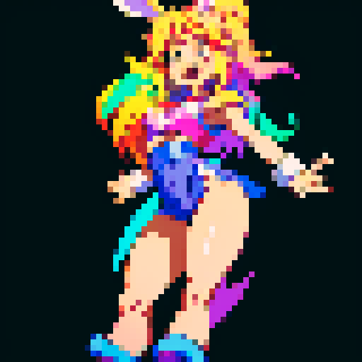 Lola bunny, energetic and vibrant, with a mischievous glint in her eye, surrounded by a rainbow of colors, in a pixel art style reminiscent of 8-bit video games