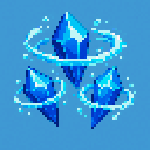 Sapphire crystals wrapped in floating rings of water, trigonal crystal pattern, solid-color background