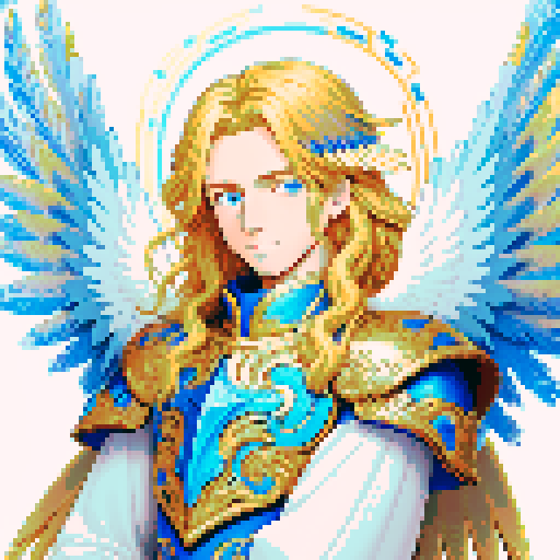 handsome angel with flowing golden hair, vibrant blue eyes, and feathery white wings, clad in intricately designed armor, surrounded by a celestial aura, set against a pixel art background with vibrant sRGB colors