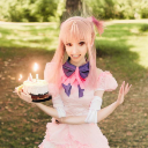 Full body anime-style portrait of a birthday girl in a pink frilly dress, holding a cake with lit candles, surrounded by balloons and confetti.