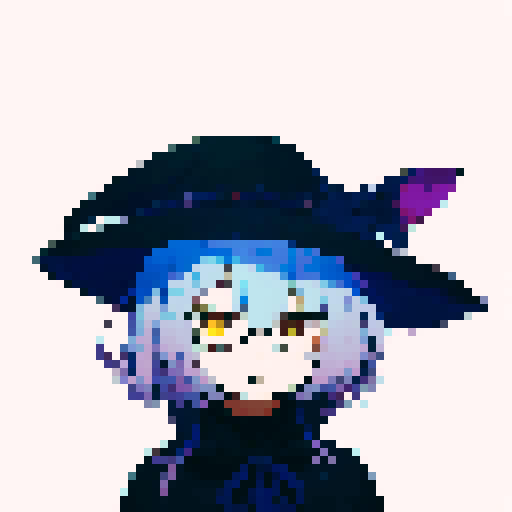 male, symmetrical face, closed mouth, yellow eyes, hair between eyes, solo male, straight-on, facing viewer, light blue hair, bob cut, white pupils, tsurime, pepekekeko, long bangs, flowing sleeves, capelet, perfect anatomy, blunt bangs, intricate details, witch hat, feather, glasses, pixel art, sRGB, anime, grumpy