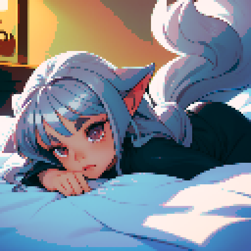 Small dog with short legs, fluffy, silver, long eyelashes, black and silver curly tail, big ears, slightly crooked jaw with a perfect nose
In bed