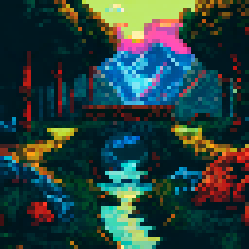 Mountainous terrain with a vibrant sunrise, highlighting the beauty of nature in pixel art with sRGB colors and a detailed landscape background