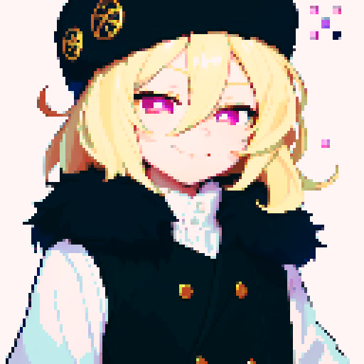 Solo male, perfect anatomy, straight-on, inframe, facing viewer, round pupils, light blonde hair between eyes, wearing ushanka hat with black fur collar, black vest, puffy sleeves, black elbow gloves, round pink eyes, smile, pixel art style, sRGB colors, half closed eyes