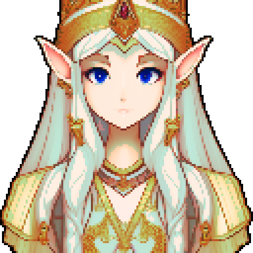 beautiful illustrious Elf Queen, golden-sun hair with white, comforting, welcoming look, ceremonial regal clothes of the elven royalty, pixel art, sRGB