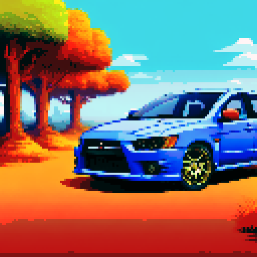 Photorealistic whole Mitsubishi Lancer, three-quarter view, right front wheel, clean background, sRGB colors, pixel art style
