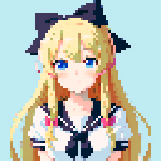anime, girl, teenager, long hair, blonde, ribbon, large breasts, sailor uniform, school, blue eyes, smile, shy, blush, anime style, black outlines