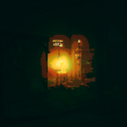 Inside an abandoned house, night time, candle light, big shelf