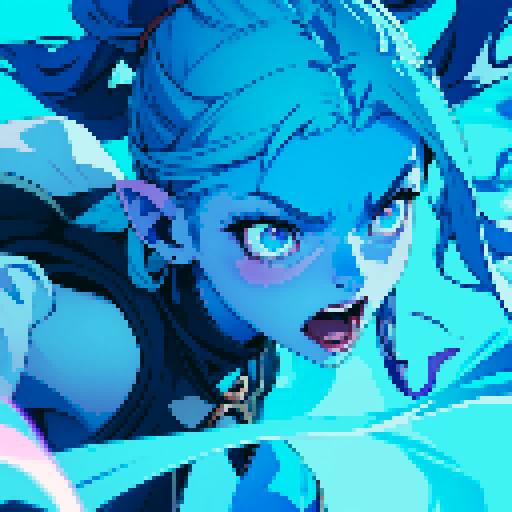 girl with four arms and blue skin, swirling magic around her, floating, four eyes