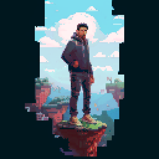 Hispanic man, heroic pose, confident expression, full body, pixel art, sRGB, solid color background