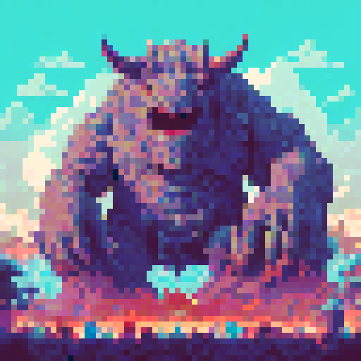 Huge, horned monster towering over a sea of tiny partygoers, all dancing to neon lights in a whimsical, surreal landscape