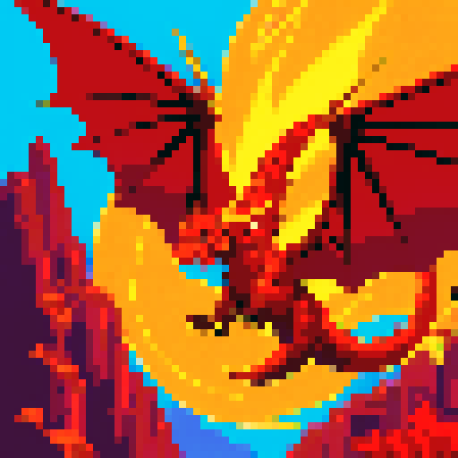 Fiery dragon soaring through a vibrant, pixelated landscape with shimmering scales and a fierce gaze