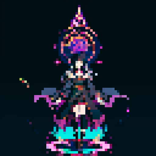 legendary anime girl wizard, floating above the ground, long flowing hair, dark and emo colors, glowing magical staff, intricate and ornate robes, intense and focused expression looking to the right, not wearing shoes, sparkling and shimmering background, sRGB
