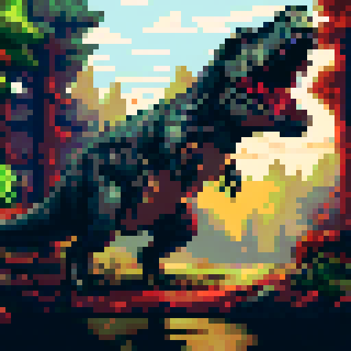 a T-rex running around the forest for meat