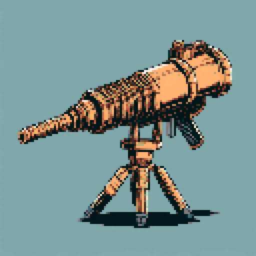I want a big copper minigun viewed from from the side. It should not be on a stand but instead floating in the center of the frame. It should have strange mechanical details that could interlock with others. I want this object usable an asset in a videogame, meaning only one object per image, outlined with a strong black stroke, on a solid-color background. 