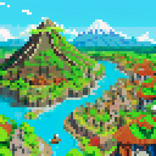 With a background of mountains with a volcano and lava, three villain faces, one a shark and one a rat, are targeting to conquer a village made of green trees and blue rivers. 