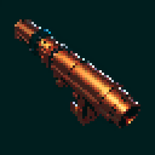 I want a copper minigun seen from a head on perspective. I want this object usable an asset in a videogame, meaning only one object per image, outlined with a strong black stroke, on a solid-color background.