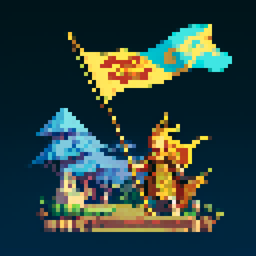 Guild flag, glowing gold, mystical enviorement, fantasy world, Tibia RPG, Urafiki name on flag