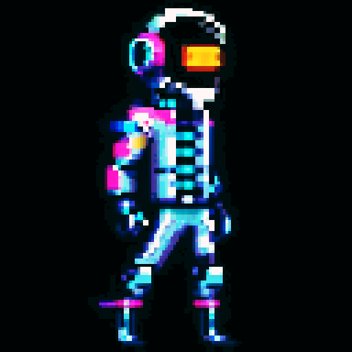 cyberpunk space trader sprite, pixel art, futuristic design, cybernetic arm with intricate detailing, glowing yellow-orange visor over the eyes, trench coat with glowing lines, blue and teal color palette with neon pink and yellow accents, distinct sci-fi aesthetic, confident posture, mid-step left first, left leg bent, arms extended, pixel art, sRGB