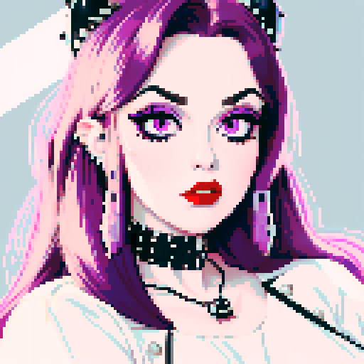 Thicc, busty greaser goth girl, long purple hair, eyeliner, red lipstick, studded collar, up close face portrait, vibrant sega genesis palette, pixel art portrait,edgy aesthetic