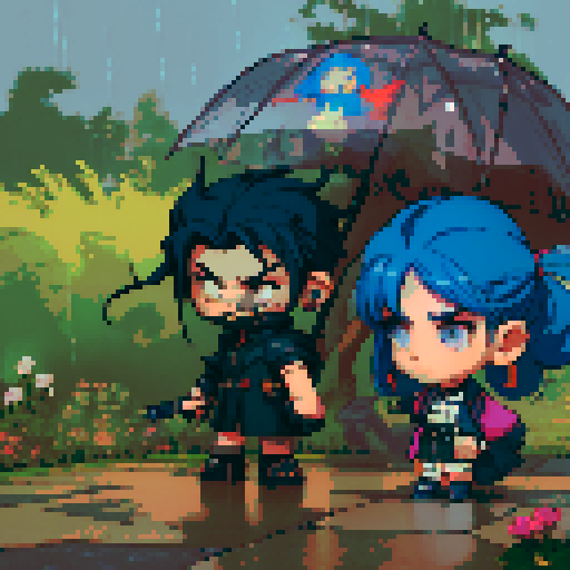 blue haired 90s pop girl on the right is smoking a cigarette, and the man on the left with black hair is holding a gun, night time rainy oldtime villag, grim