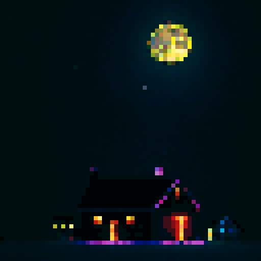 The House That Shouldn't Be There, A neighborhood at night,  mysterious silhouette, eerie moonlight, towering presence, hauntingly vibrant colors, intricate details, nostalgic pixel art