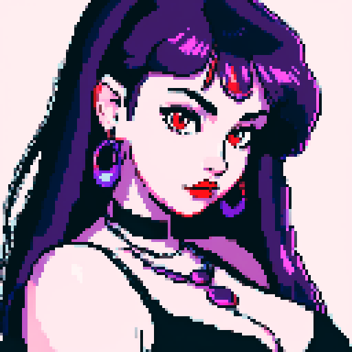 Thicc, busty goth girl, long purple hair, eyeliner, red lipstick, nude breast, studded collar, up close face portrait, vibrant sega genesis palette, nude pixel art portrait,